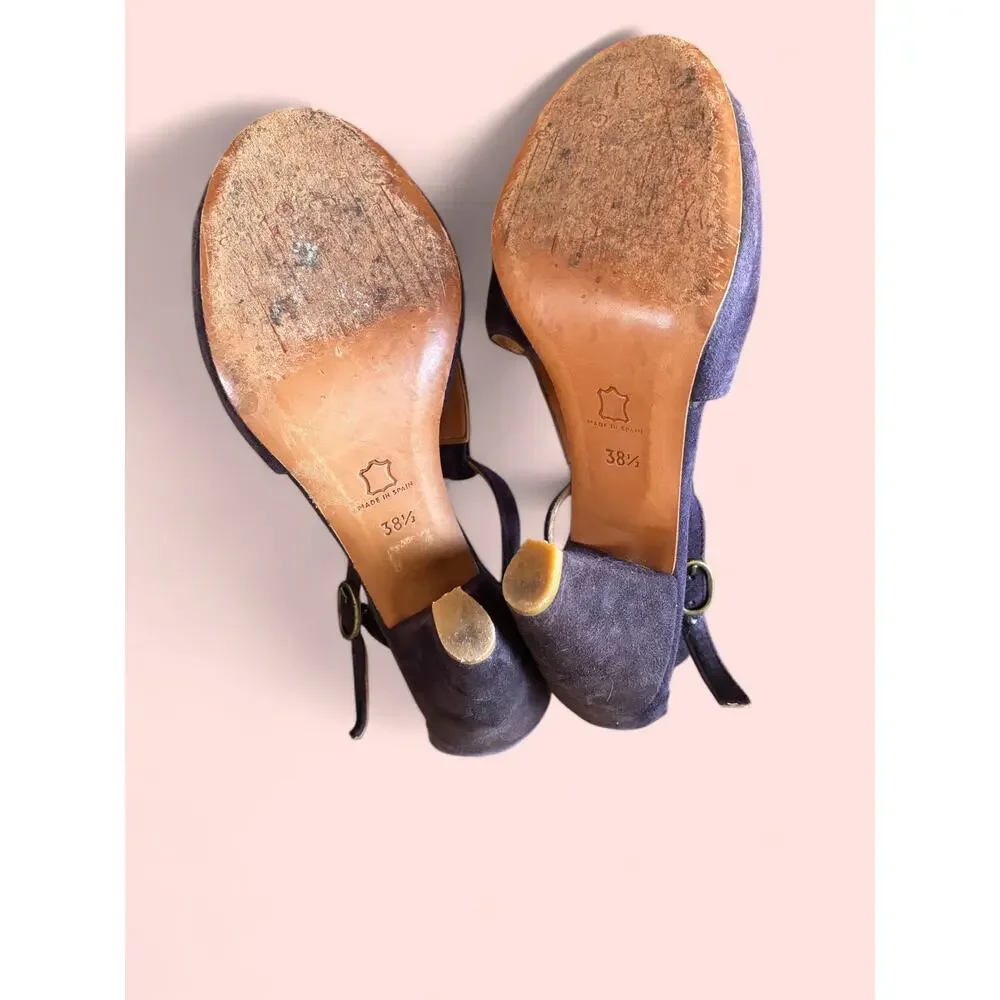 Coclico Purple Suede Ruched T-Strap Peep Toe Cone Heel Size 38.5 Made in Spain